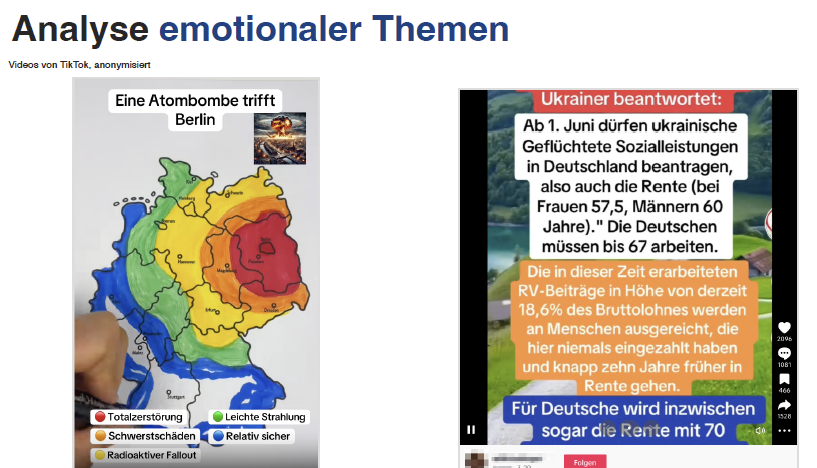 Zwei Videos: Links sieht man eine Zeichnung, die sagt "Eine Atombombe trifft Berlin" - und der Eindruck wird erweckt, als wäre ein großer Teil Deutschland vom Fallout bzw. Zerstörung betroffen. Rechts ein Video, in dem es heißt: "Ab 1. Juni dürfen ukrainische Geflüchtete Sozialleistungen in Deutschland beantragen, also auch die Rente (bei Frauen 57,5, Männern 60 Jahre)." Die Deutschen müssen bis 67 arbeiten.
Die in dieser Zeit erarbeiteten RV-Beiträge in Höhe von derzeit 18,6% des Bruttolohnes werden an Menschen ausgereicht, die hier niemals eingezahlt haben und knapp zehn Jahre früher in Rente gehen.
Für Deutsche wird inzwischen sogar die Rente mit 70 ..."