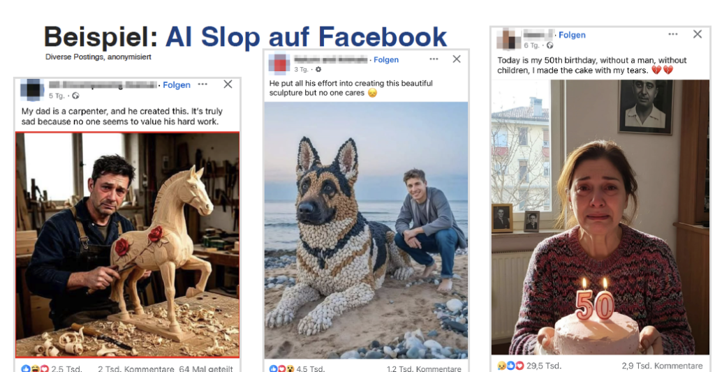 3 Bilder: Einmal ein Mann, der angeblich etwas selbst geschnitzt hat. Einmal ein junger Mann, der angeblich aus Steinen einen Schäferhund als Skulptur bastelte. Und einmal eine Frau, die angeblich traurig ist zu ihrem 50. Geburtstag. Alles sind Postings auf Facebook. Mehr Infos im Text.
